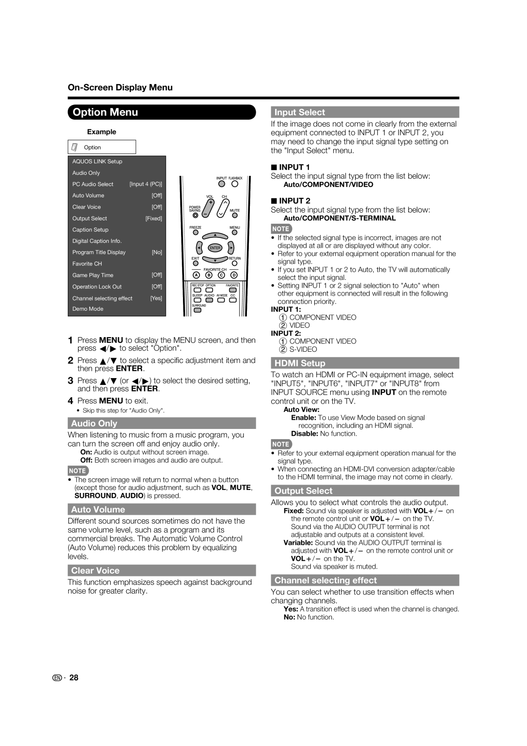 Sharp LC-32LE700UN operation manual Option Menu 