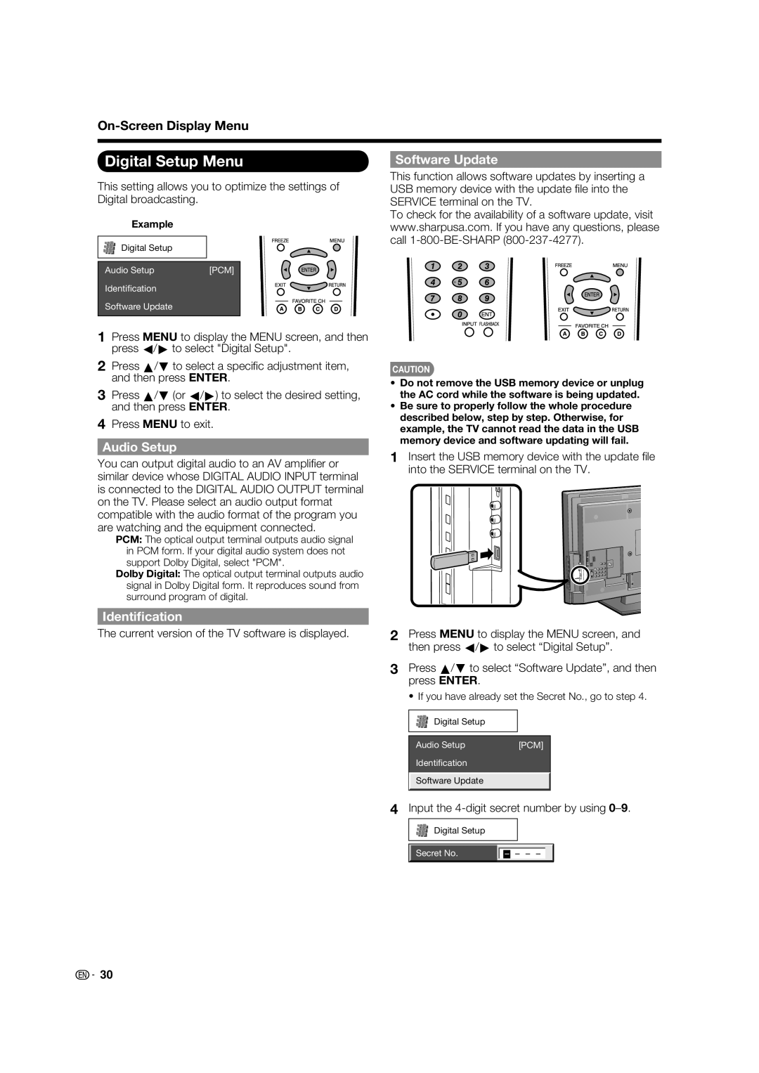 Sharp LC-32LE700UN operation manual Digital Setup Menu, Audio Setup, Identiﬁcation, Software Update 