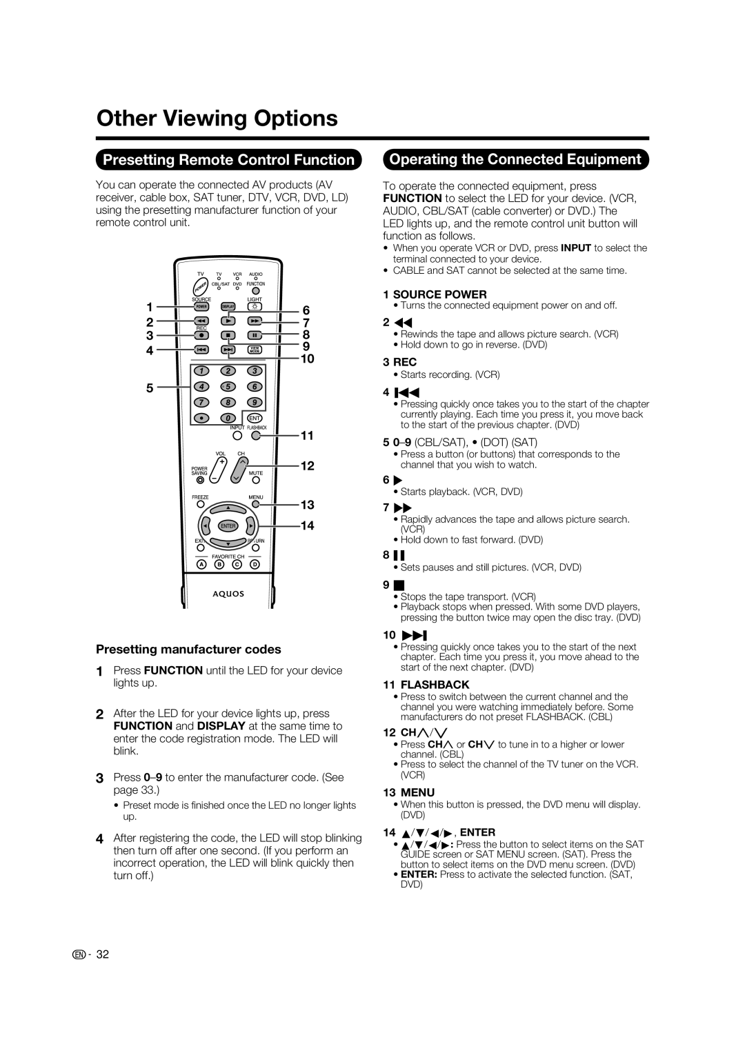 Sharp LC-32LE700UN operation manual Other Viewing Options, Presetting Remote Control Function 