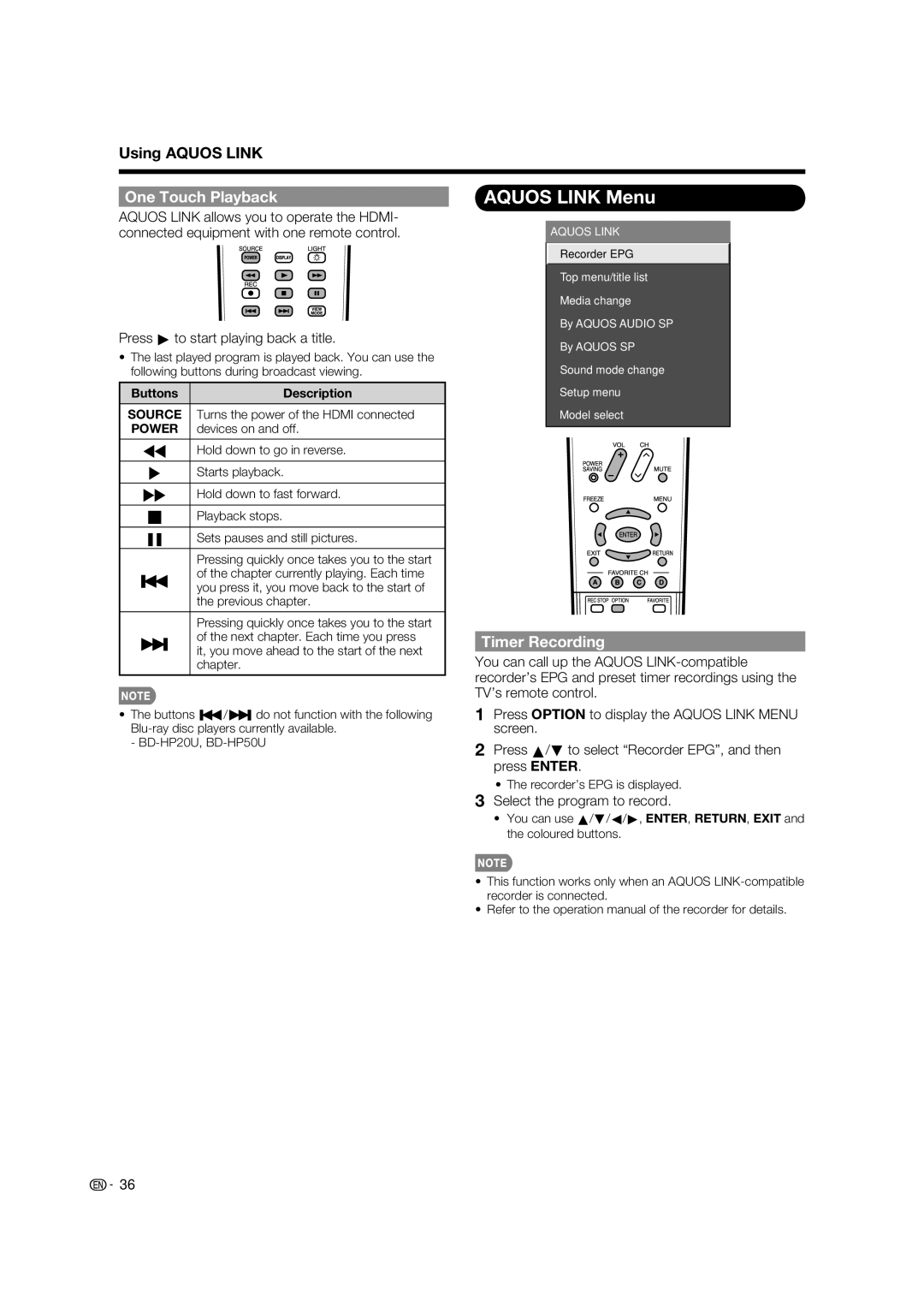 Sharp LC-32LE700UN Aquos Link Menu, One Touch Playback, Timer Recording, Press d to start playing back a title 