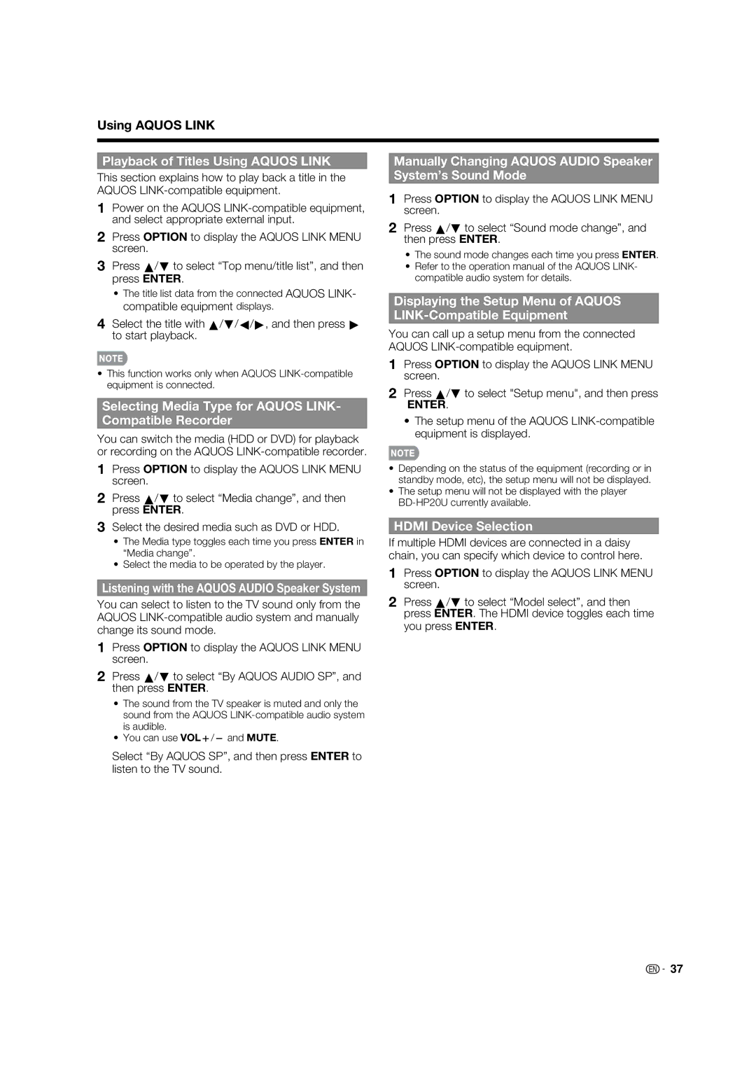 Sharp LC-32LE700UN Playback of Titles Using Aquos Link, Selecting Media Type for Aquos Link Compatible Recorder 