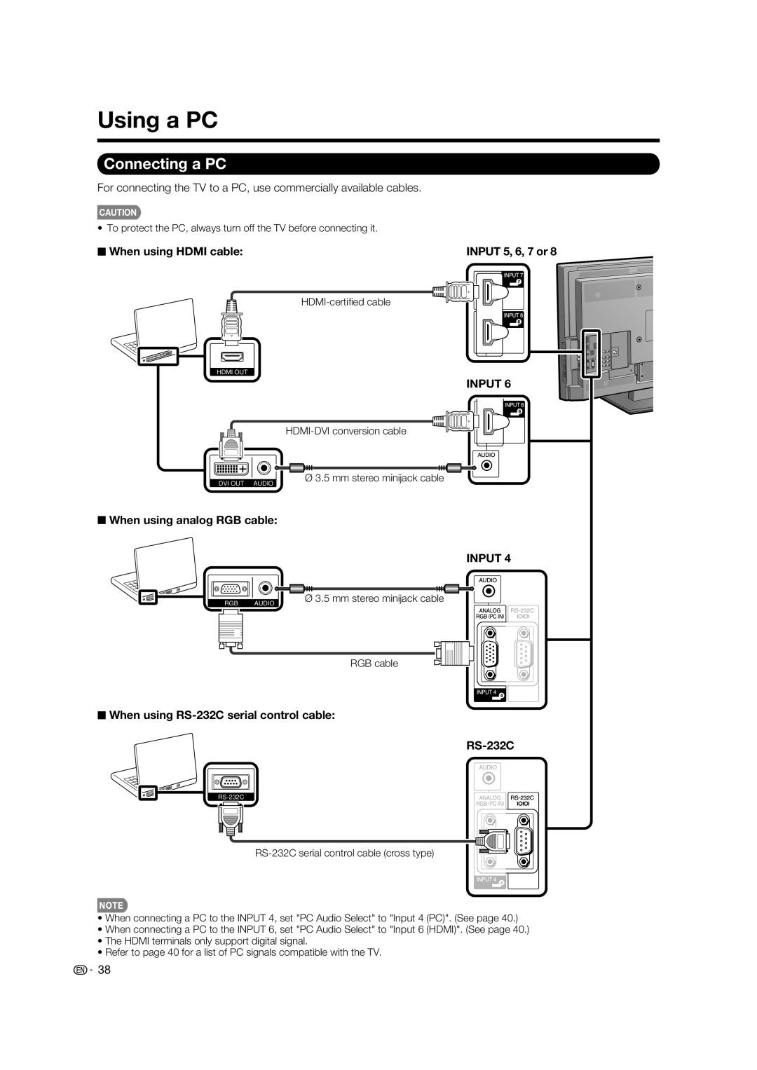 Sharp LC-32LE700UN Using a PC, Connecting a PC, When using Hdmi cable Input 5, 6, 7 or, When using analog RGB cable 