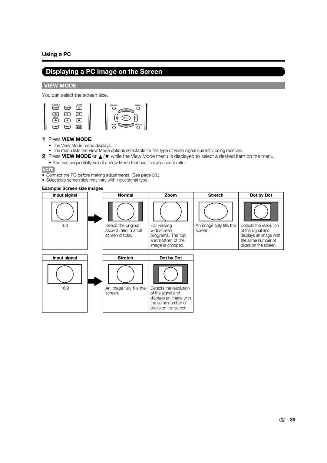 Sharp LC-32LE700UN operation manual Displaying a PC Image on the Screen, Stretch Dot by Dot 