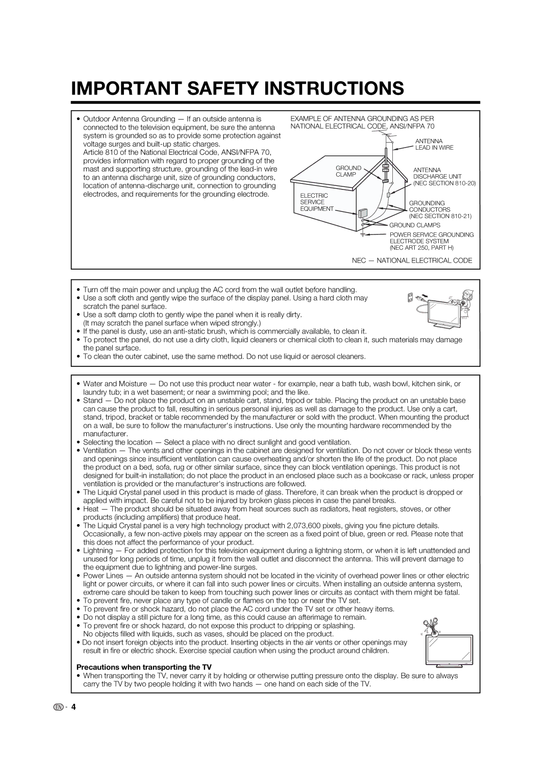 Sharp LC-32LE700UN operation manual Precautions when transporting the TV 