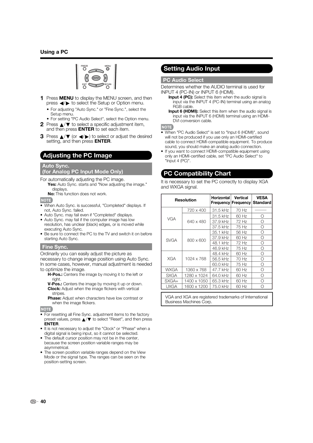 Sharp LC-32LE700UN Adjusting the PC Image Setting Audio Input, PC Compatibility Chart, PC Audio Select, Fine Sync 