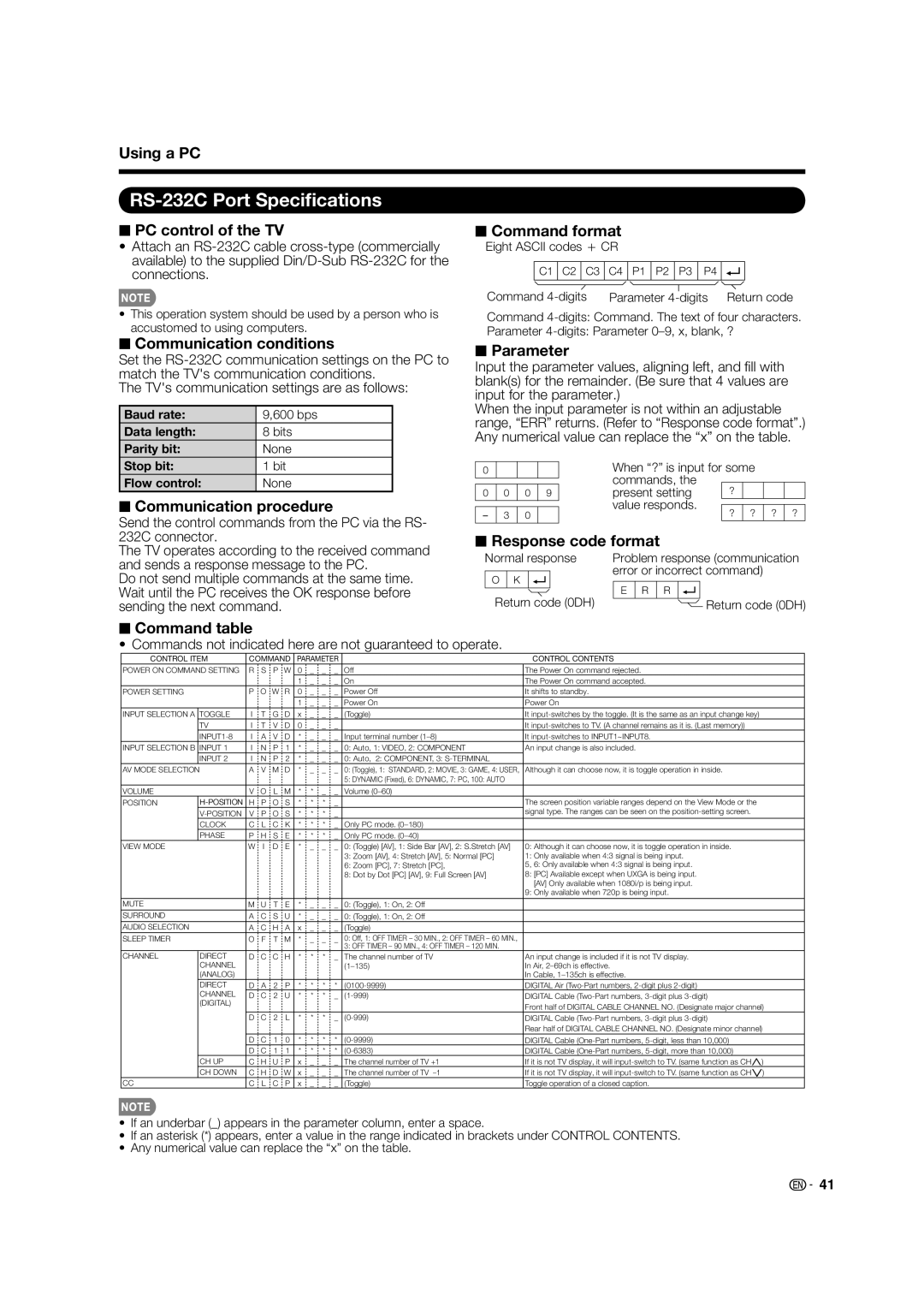 Sharp LC-32LE700UN operation manual RS-232C Port Speciﬁcations, Commands not indicated here are not guaranteed to operate 