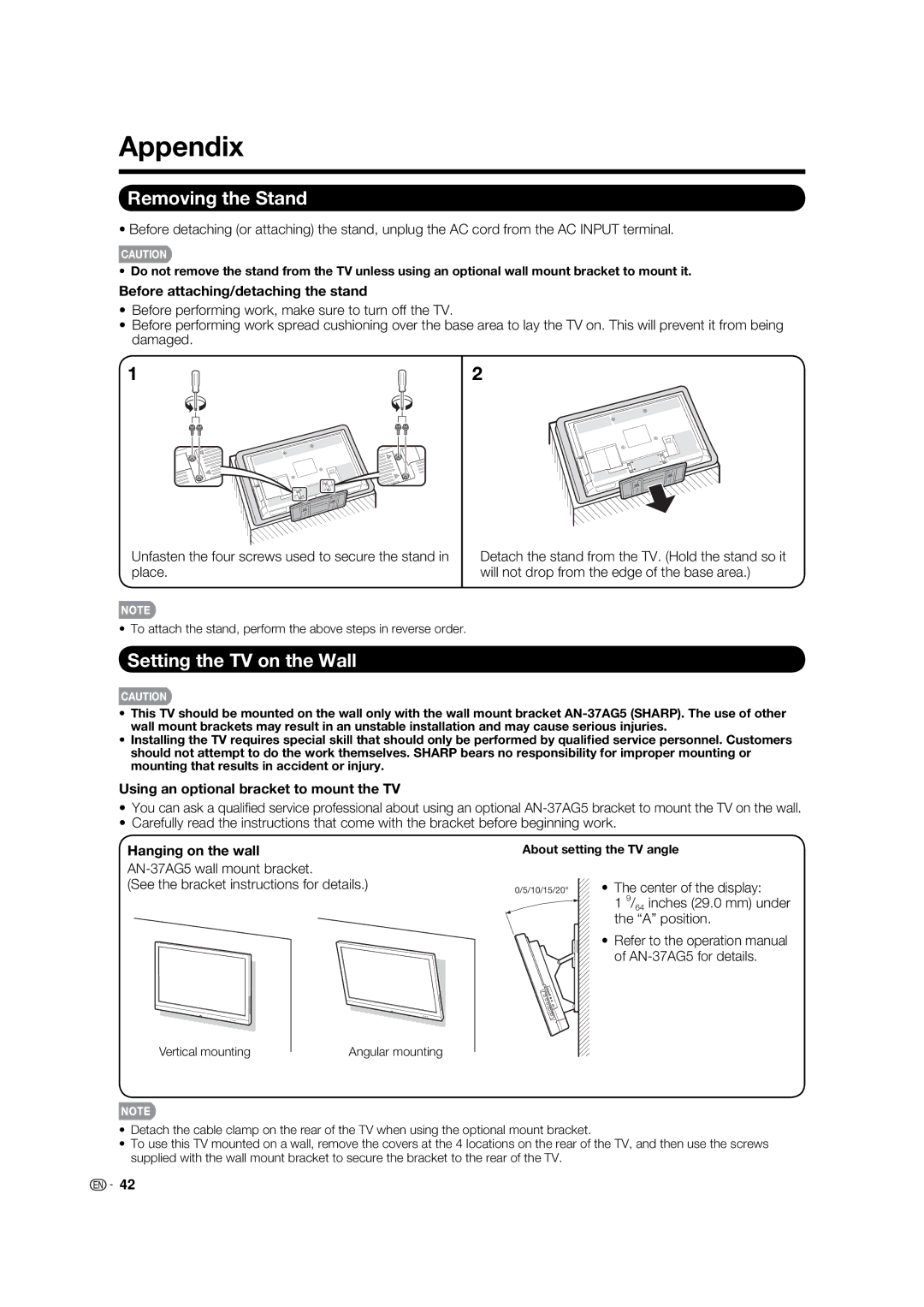 Sharp LC-32LE700UN operation manual Appendix, Removing the Stand, Setting the TV on the Wall 