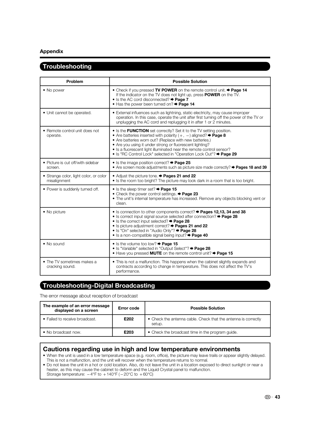 Sharp LC-32LE700UN Troubleshooting-Digital Broadcasting, Error message about reception of broadcast, Pages 21 