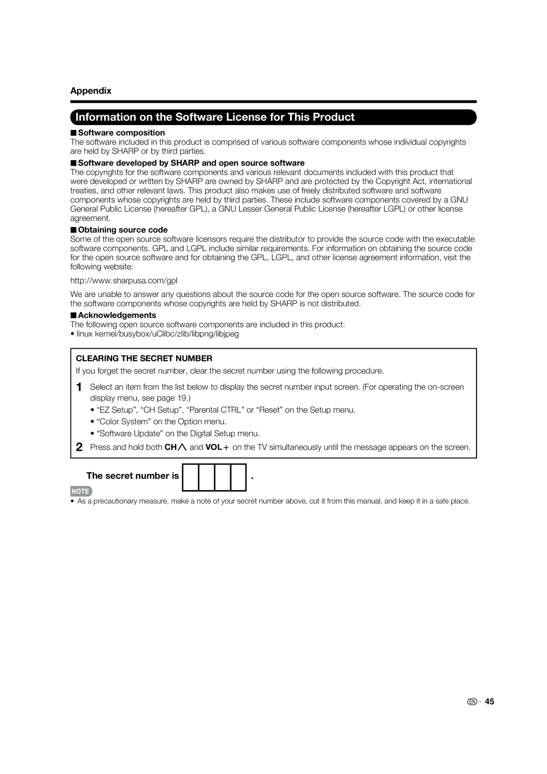 Sharp LC-32LE700UN operation manual Information on the Software License for This Product, Clearing the Secret Number 