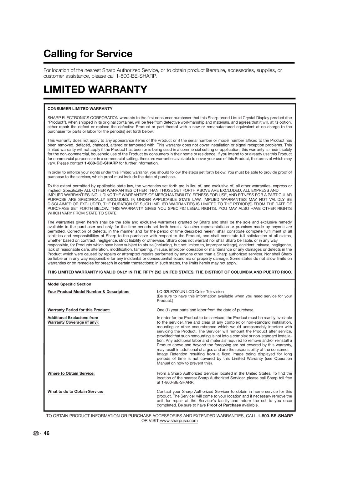 Sharp LC-32LE700UN operation manual Calling for Service, Limited Warranty 