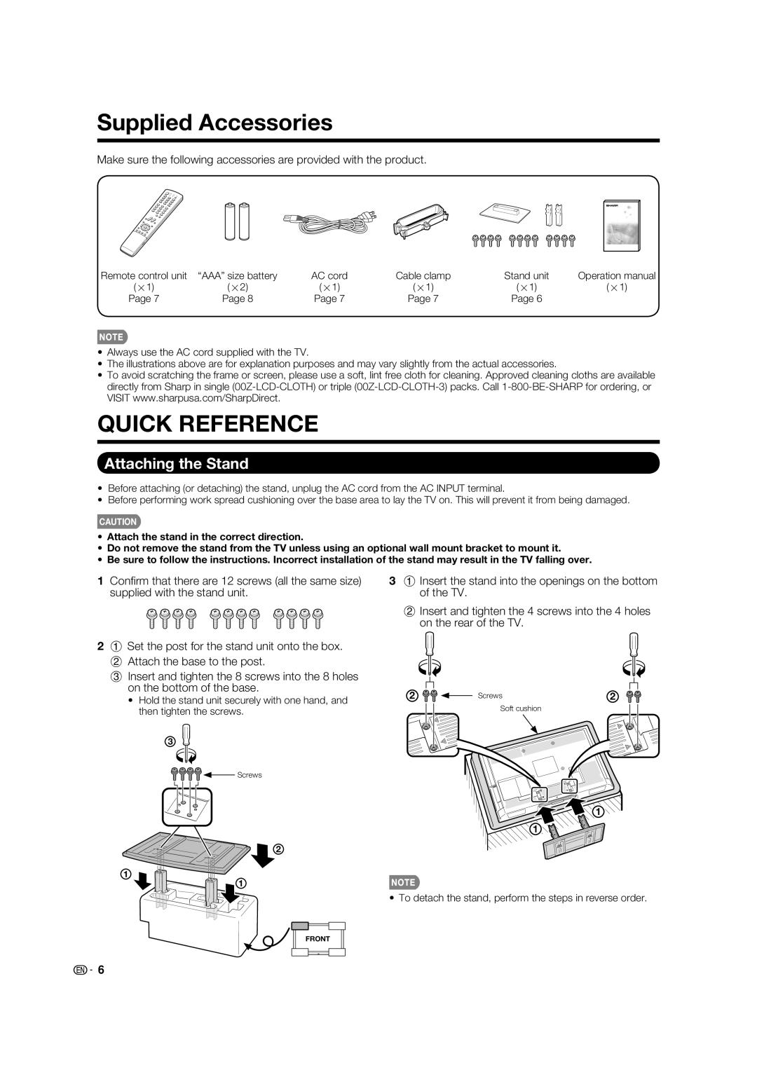 Sharp LC-32LE700UN operation manual Supplied Accessories, Attaching the Stand 