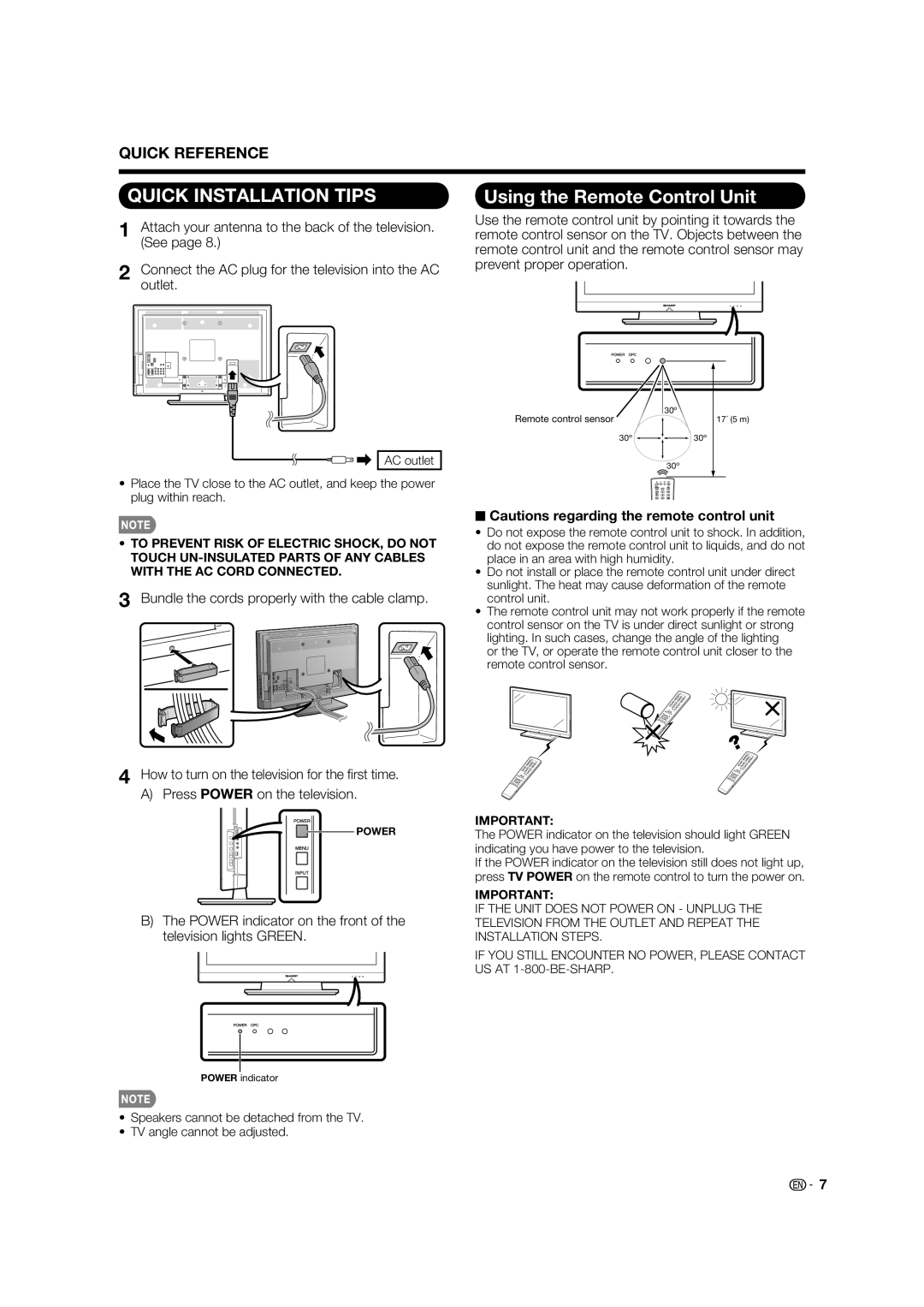 Sharp LC-32LE700UN Using the Remote Control Unit, Power indicator on the front of the television lights Green 