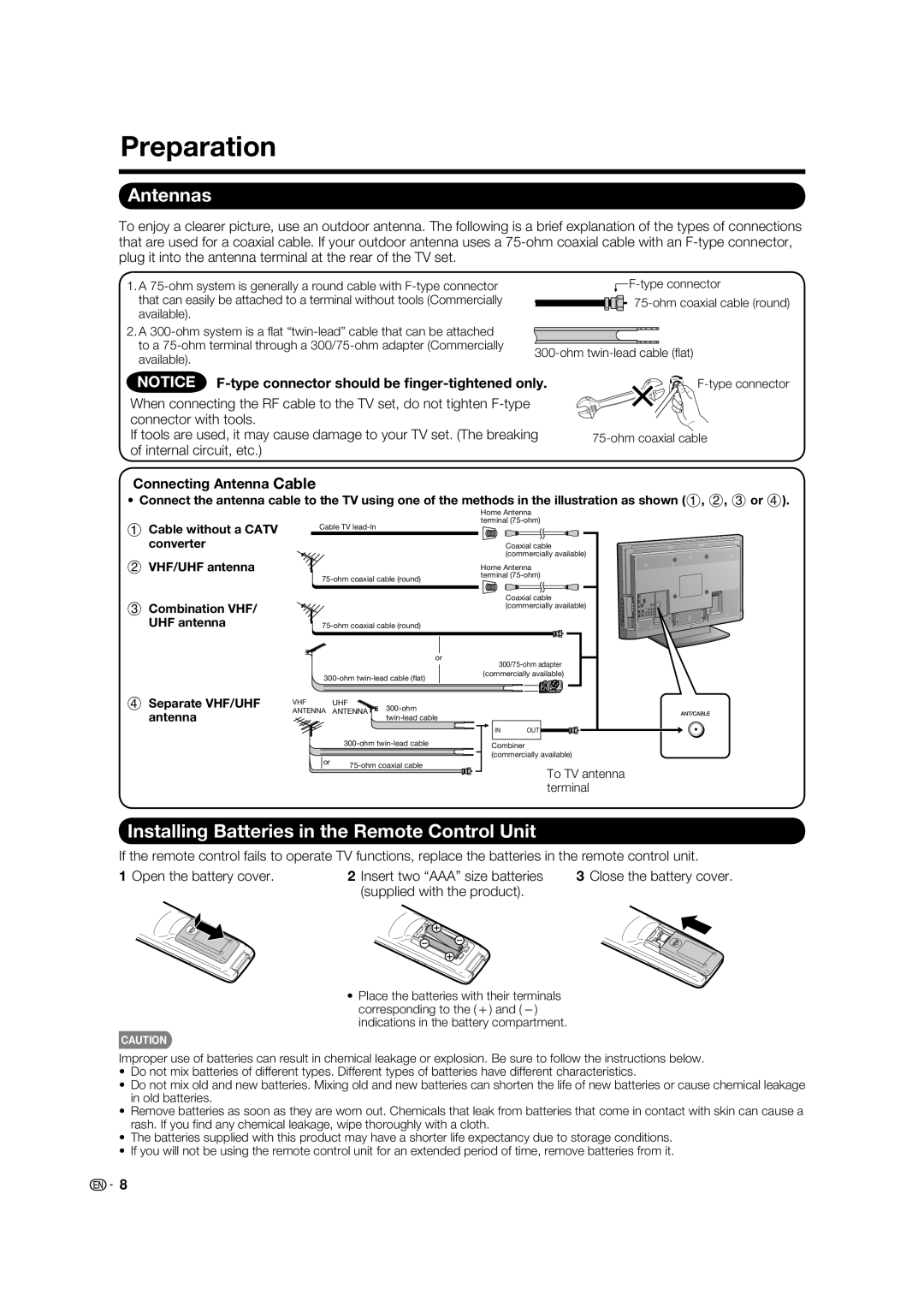 Sharp LC-32LE700UN Preparation, Antennas, Installing Batteries in the Remote Control Unit, Connecting Antenna Cable 