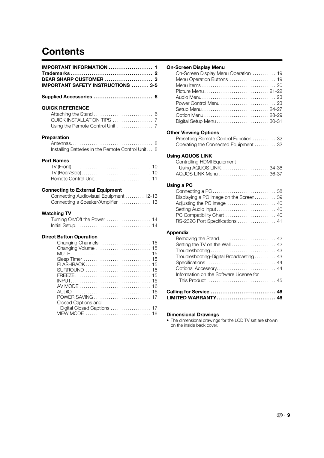 Sharp LC-32LE700UN operation manual Contents 