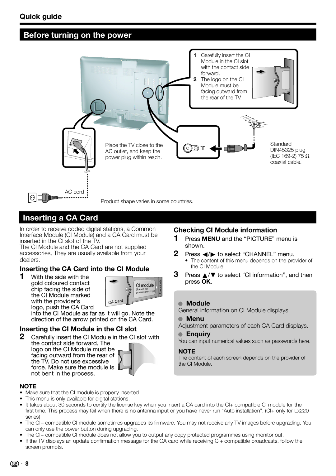 Sharp LC-24LE220E, LC-32LS220E, LC-32LE210E, LC-32LE220E Before turning on the power, Inserting a CA Card, Quick guide 