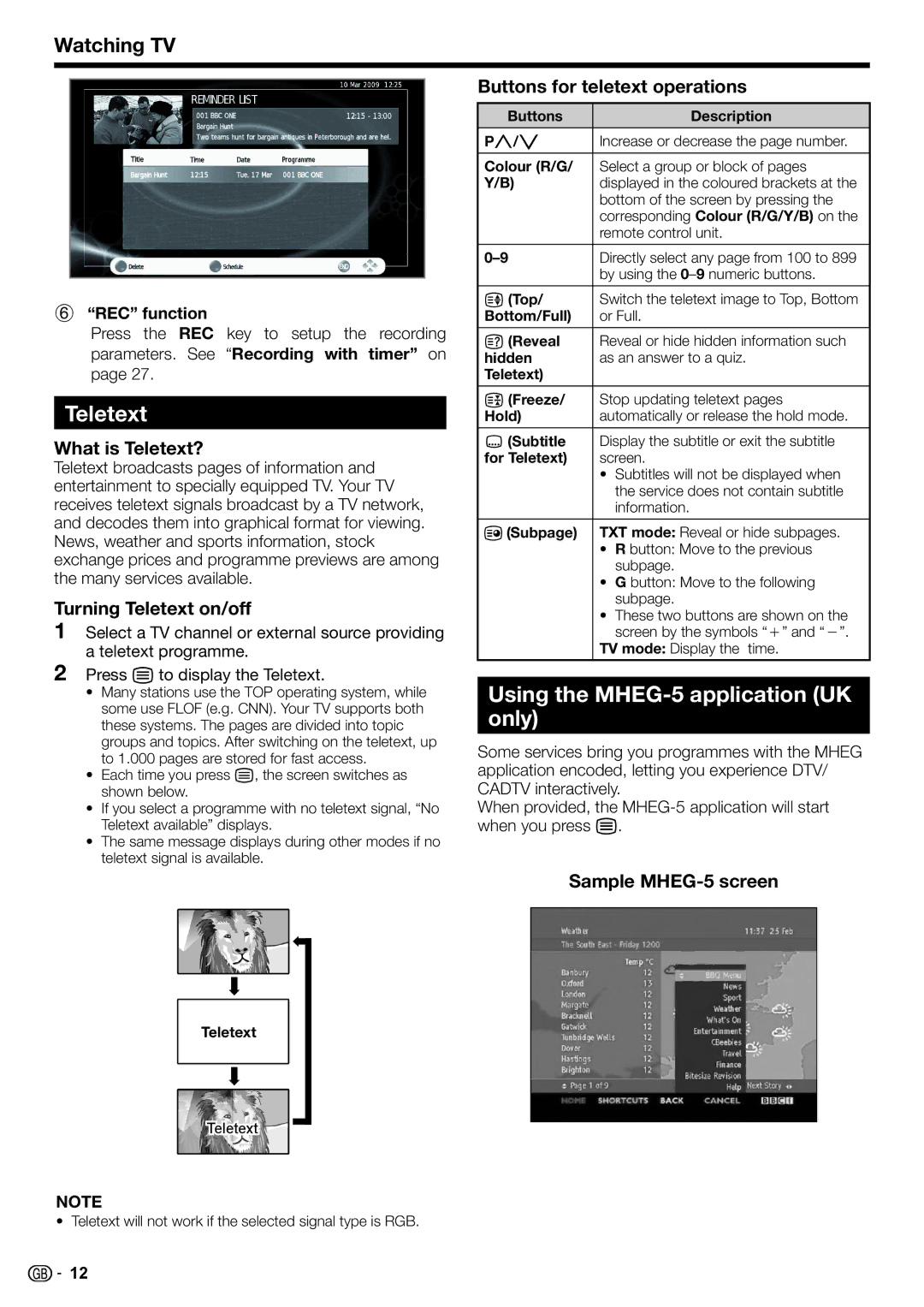 Sharp LC-32LE220E, LC-32LS220E, LC-32LE210E, LC-32LB220E, LC-24LE220E Teletext, Using the MHEG-5 application UK only 