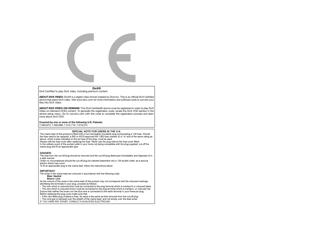 Sharp LC-32LE220E, LC-32LS220E, LC-32LE210E, LC-32LB220E, LC-24LE220E, LC-24LE210E DivX, Special Note for Users in the U.K 