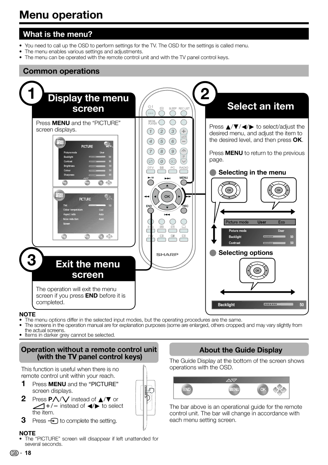 Sharp LC-32LE220E, LC-32LS220E, LC-32LE210E Menu operation, What is the menu?, Common operations, About the Guide Display 