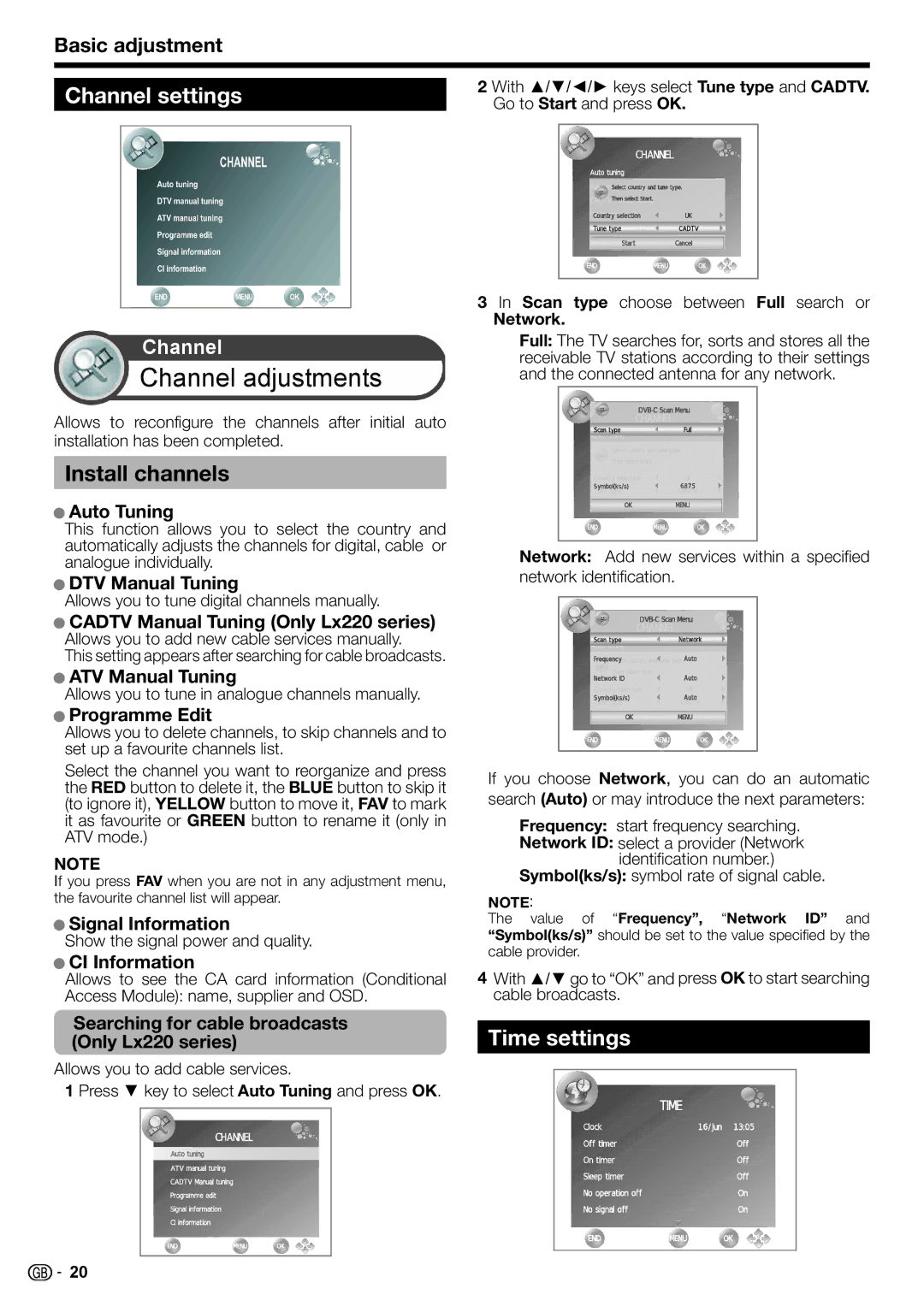 Sharp LC-24LE220E, LC-32LS220E, LC-32LE210E, LC-32LE220E Channel settings, Install channels, Time settings, Basic adjustment 