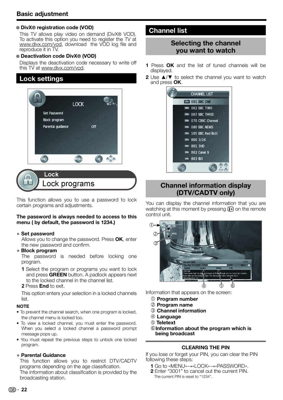 Sharp LC-32LS220E, LC-32LE210E, LC-32LE220E Lock settings, Channel list, Selecting the channel You want to watch 