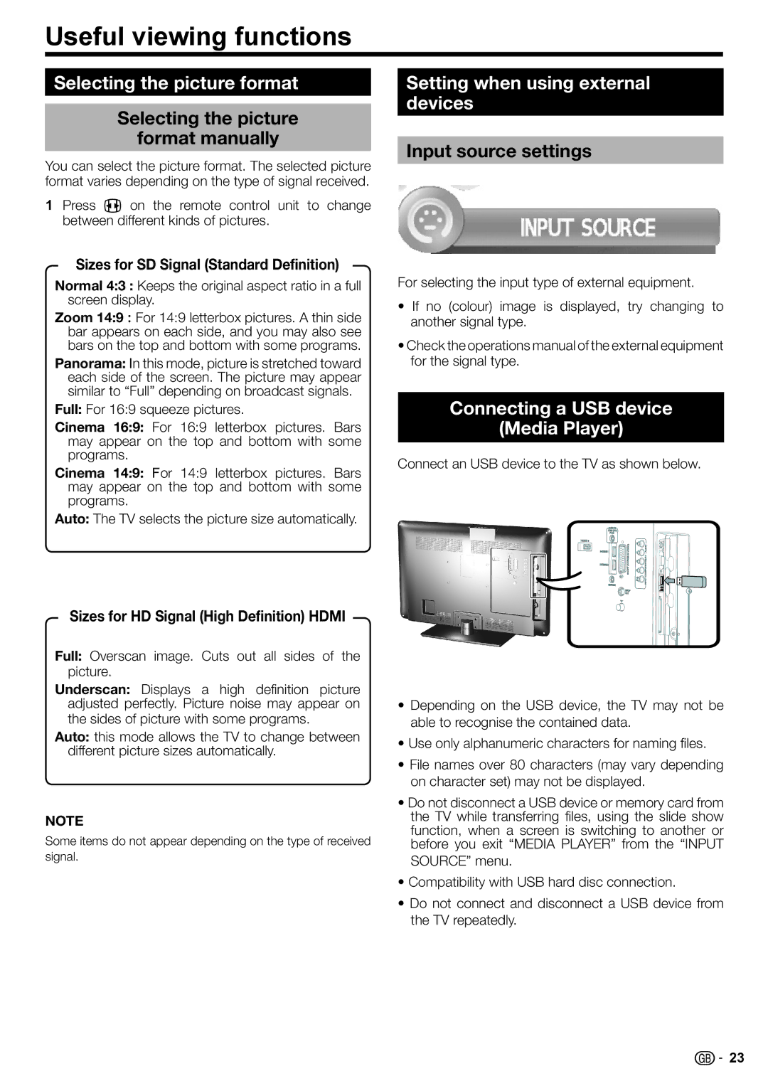 Sharp LC-32LE210E, LC-32LS220E Useful viewing functions, Selecting the picture format, Setting when using external devices 