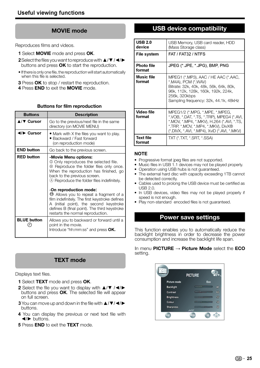 Sharp LC-32LB220E USB device compatibility, Power save settings, Useful viewing functions Movie mode, Text mode 