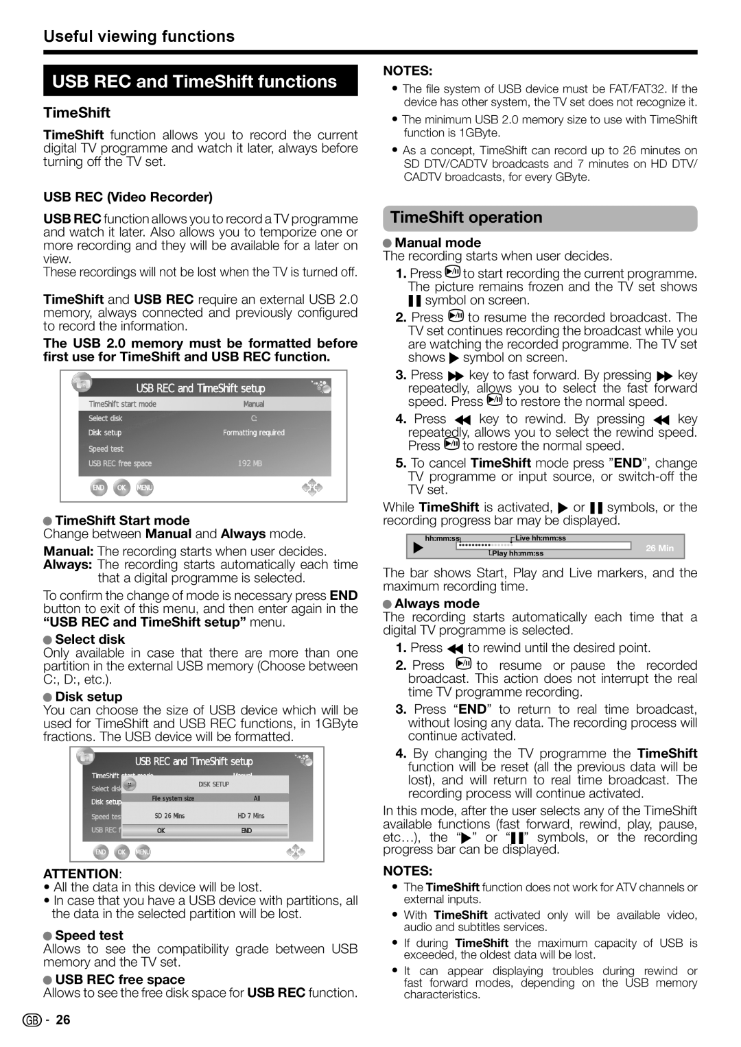 Sharp LC-24LE220E, LC-32LS220E, LC-32LE210E USB REC and TimeShift functions, Useful viewing functions, TimeShift operation 