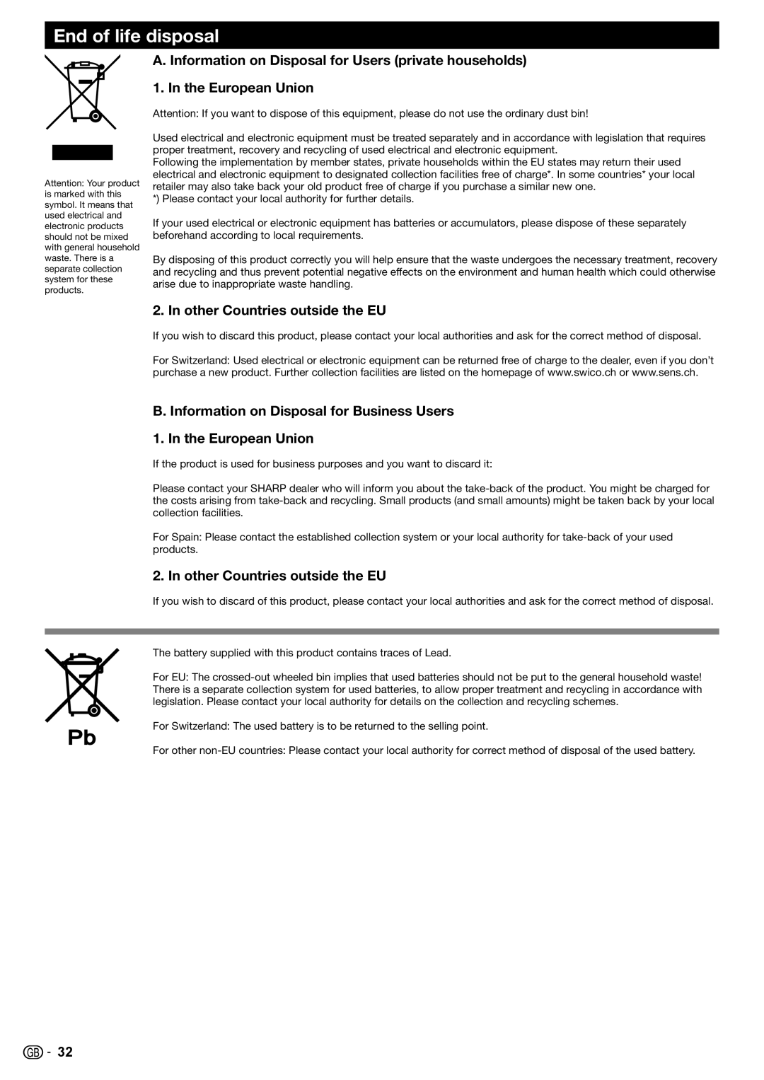 Sharp LC-24LE220E, LC-32LS220E, LC-32LE210E, LC-32LE220E, LC-32LB220E End of life disposal, Other Countries outside the EU 
