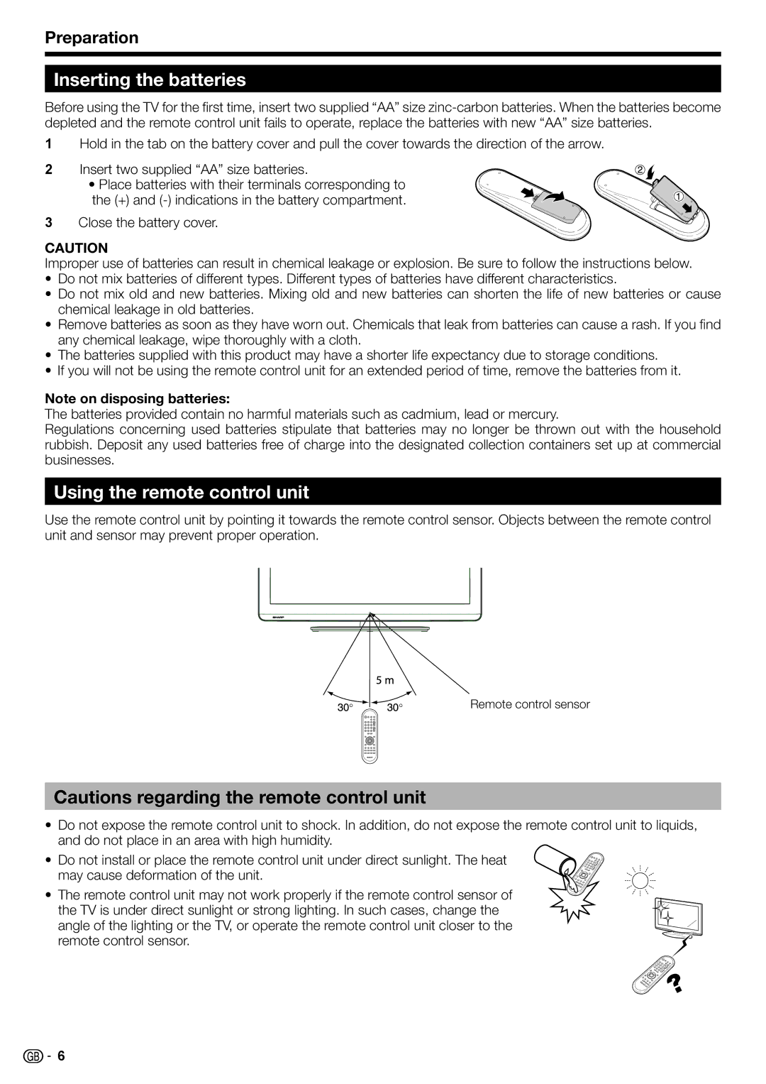 Sharp LC-32LE220E, LC-32LS220E, LC-32LE210E, LC-32LB220E Inserting the batteries, Using the remote control unit, Preparation 