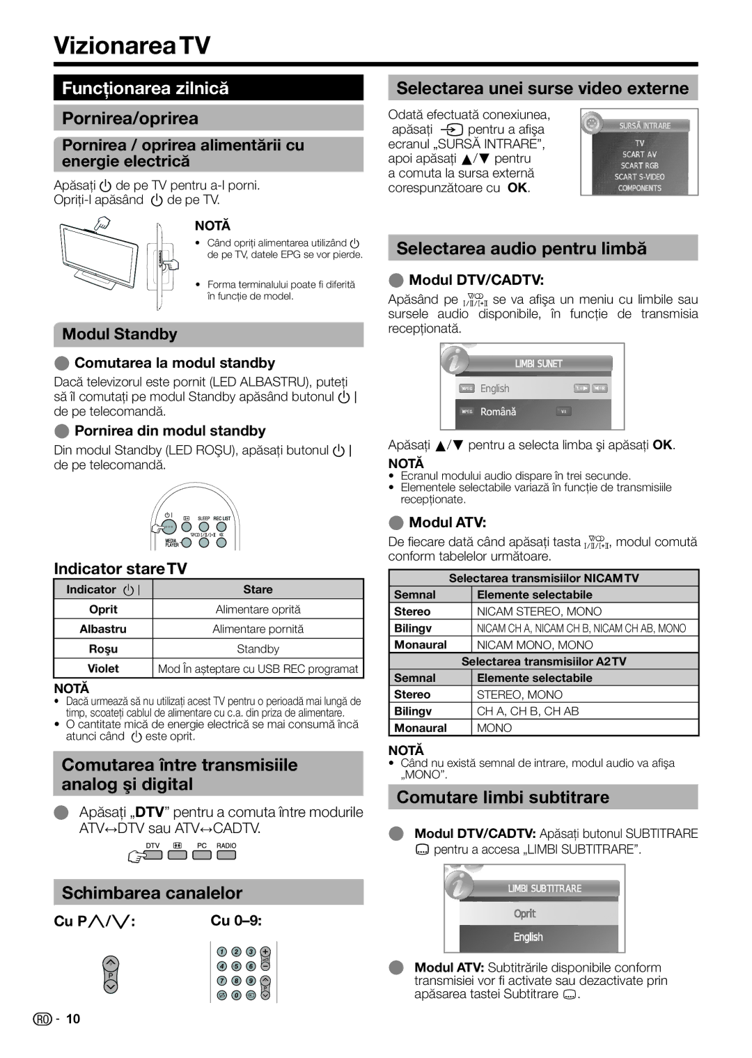 Sharp LC-32LS220E, LC-32LE210E, LC-32LE220E, LC-32LB220E, LC-24LE220E, LC-24LE210E Vizionarea TV, Funcţionarea zilnică 