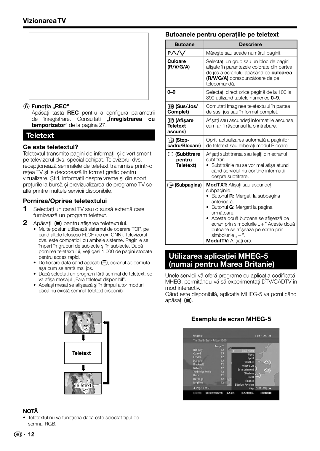 Sharp LC-32LE220E, LC-32LS220E, LC-32LE210E, LC-32LB220E Teletext, Utilizarea aplicaţiei MHEG-5 numai pentru Marea Britanie 