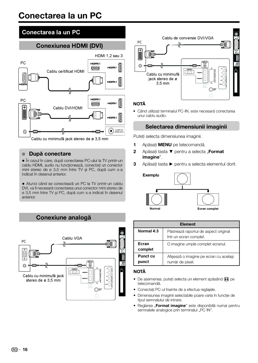 Sharp LC-32LS220E Conectarea la un PC, Conexiunea Hdmi DVI, Conexiune analogă, Selectarea dimensiunii imaginii 