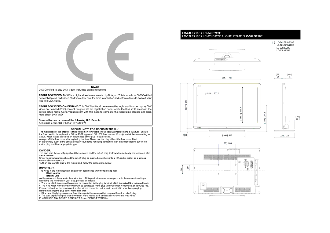 Sharp LC-32LE220E DivX, Covered by one or more of the following U.S. Patents, Special Note for Users in the U.K 