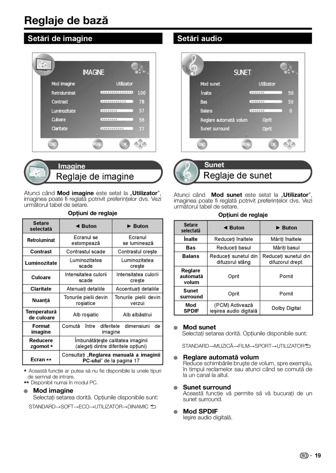 Sharp LC-32LB220E, LC-32LS220E, LC-32LE210E, LC-32LE220E, LC-24LE220E Reglaje de bază, Setări de imagine Setări audio 