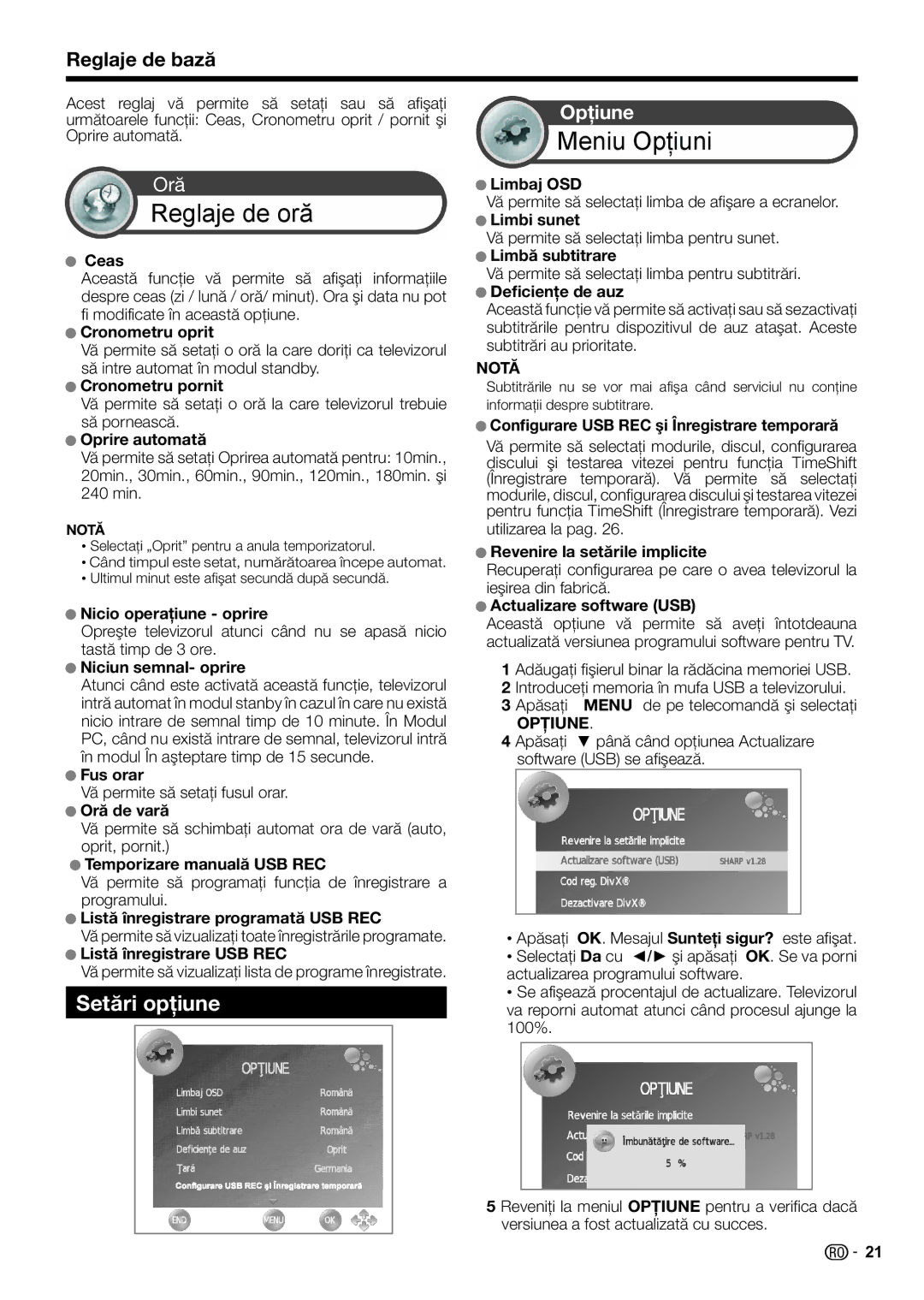 Sharp LC-24LE210E, LC-32LS220E, LC-32LE210E, LC-32LE220E, LC-32LB220E, LC-24LE220E operation manual Setări opţiune, Opţiune 