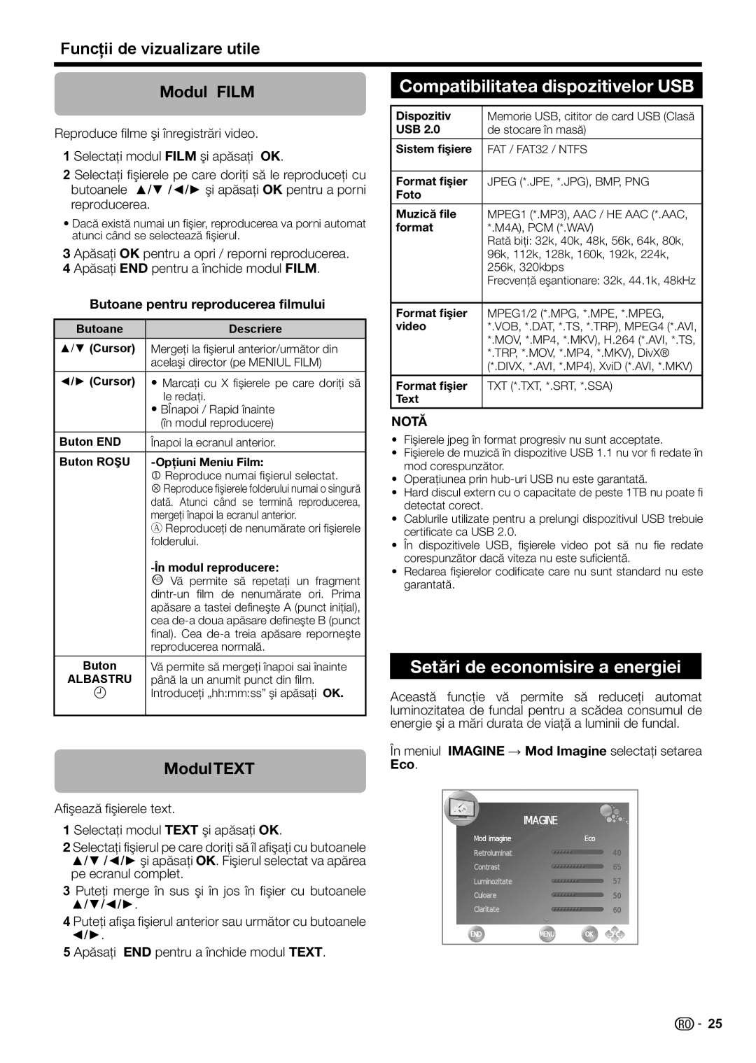 Sharp LC-32LB220E, LC-32LS220E Compatibilitatea dispozitivelor USB, Setări de economisire a energiei, Modul Text 