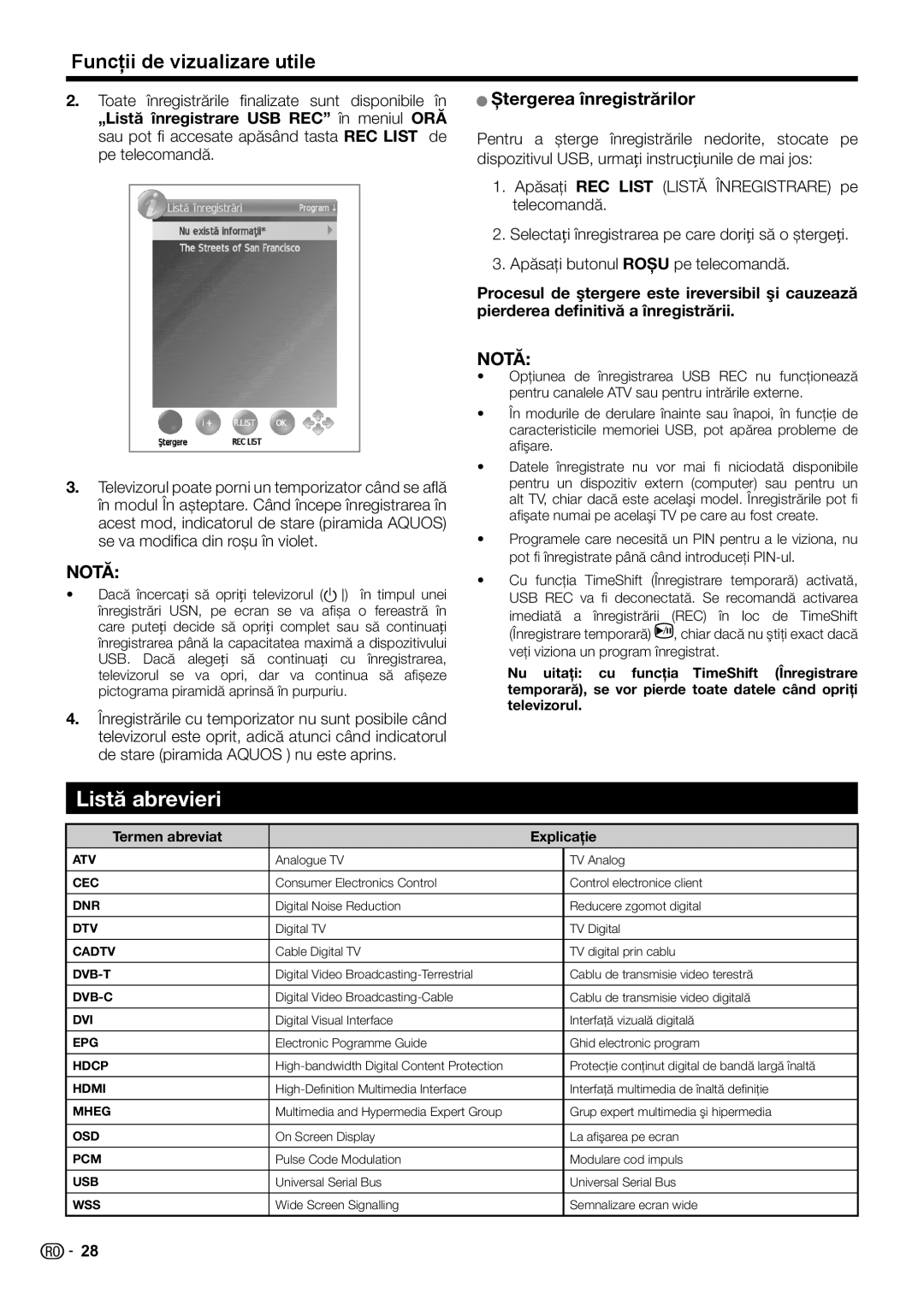 Sharp LC-32LS220E, LC-32LE210E, LC-32LE220E Listă abrevieri, Ștergerea înregistrărilor, Termen abreviat Explicaţie 