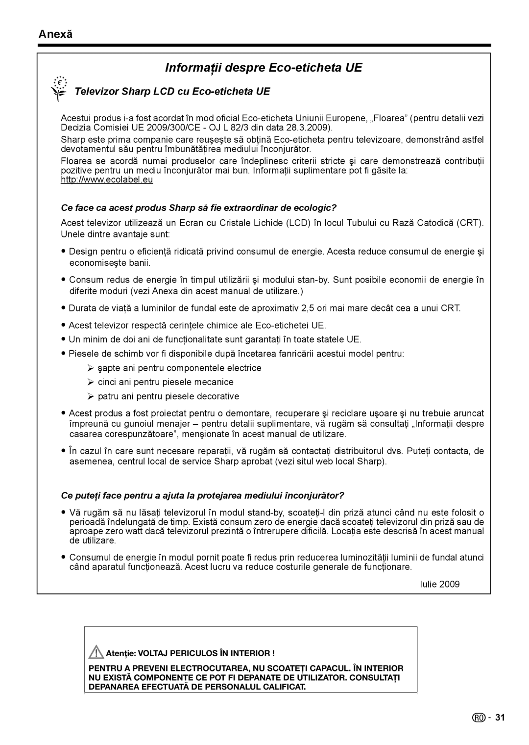 Sharp LC-32LB220E, LC-32LS220E, LC-32LE210E Informaţii despre Eco-eticheta UE, Atenţie Voltaj Periculos ÎN Interior 