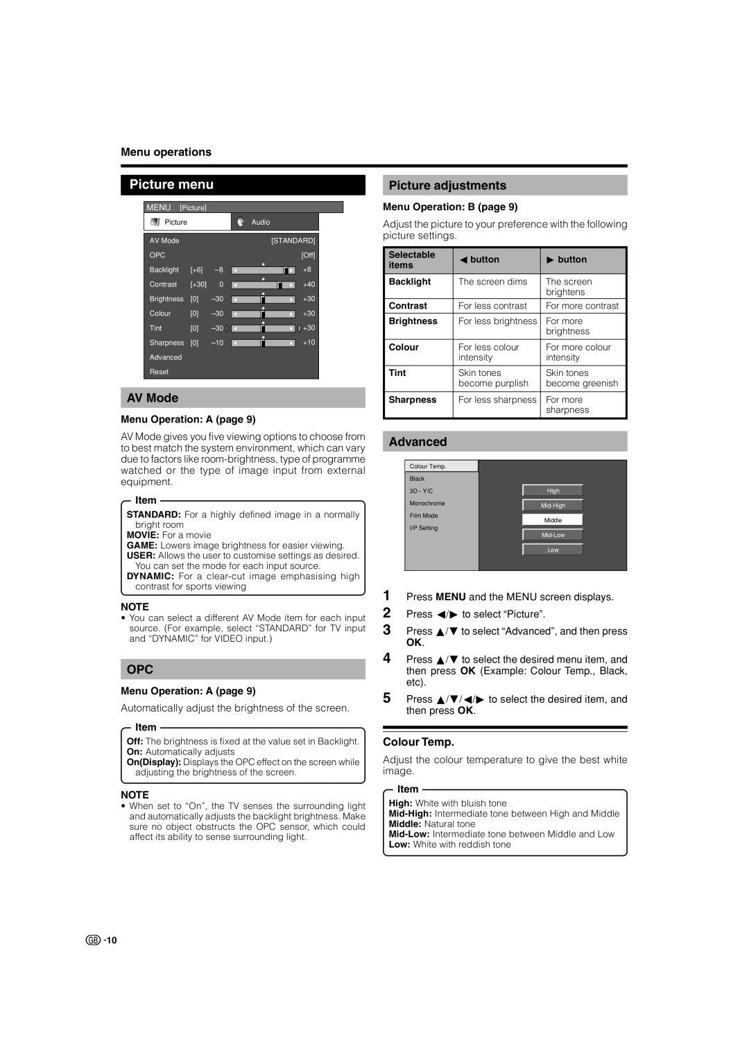 Sharp LC-32P50E, LC-37P50E, LC-26P50E operation manual Picture menu, AV Mode, Picture adjustments, Advanced 