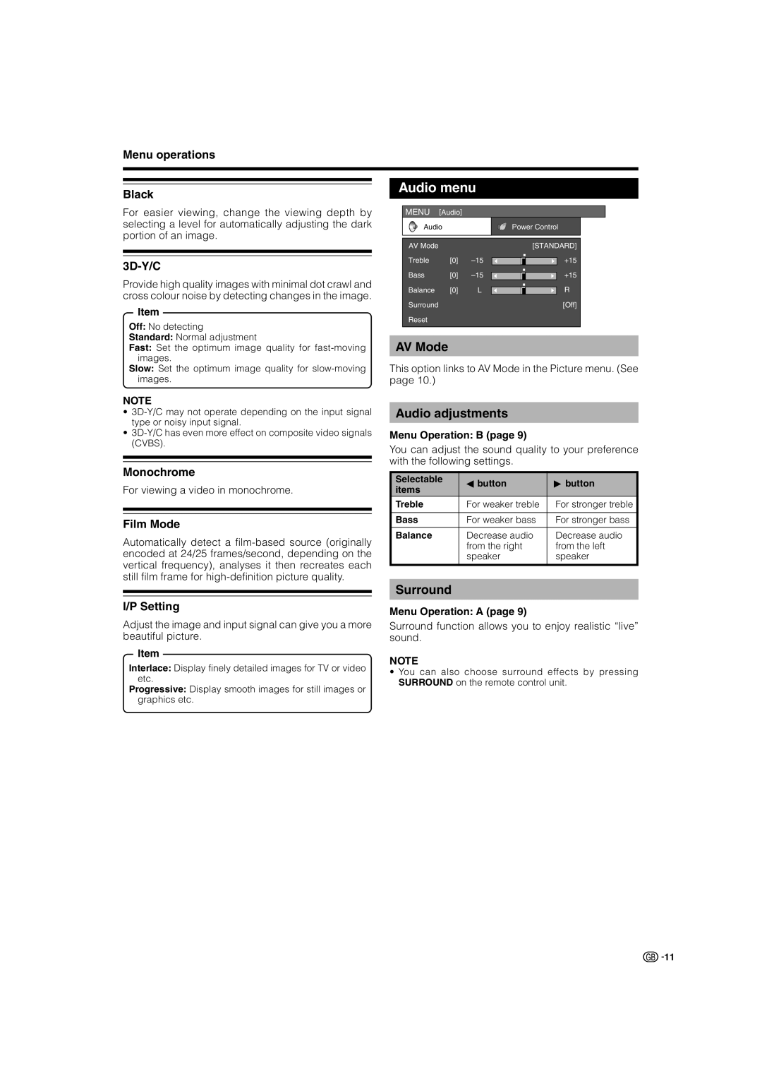 Sharp LC-37P50E, LC-32P50E, LC-26P50E operation manual Audio menu, Audio adjustments, Surround 