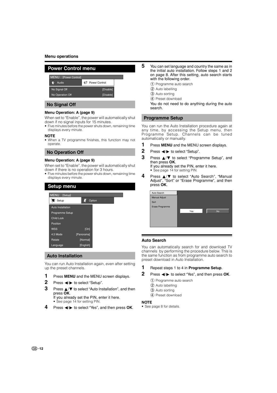 Sharp LC-26P50E, LC-32P50E, LC-37P50E operation manual Power Control menu, Setup menu 