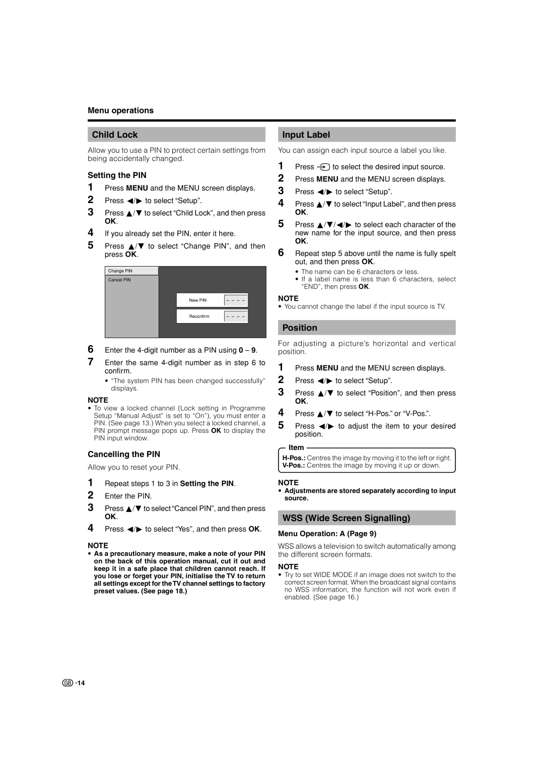 Sharp LC-37P50E, LC-32P50E, LC-26P50E operation manual Child Lock, Input Label, Position, WSS Wide Screen Signalling 