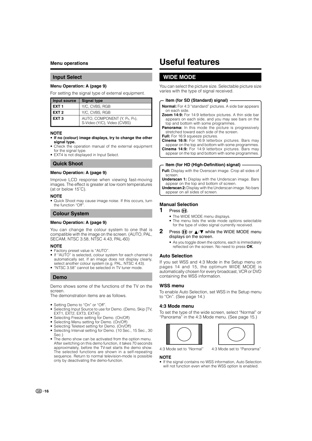 Sharp LC-32P50E, LC-37P50E, LC-26P50E operation manual Useful features, Input Select, Quick Shoot, Colour System, Demo 