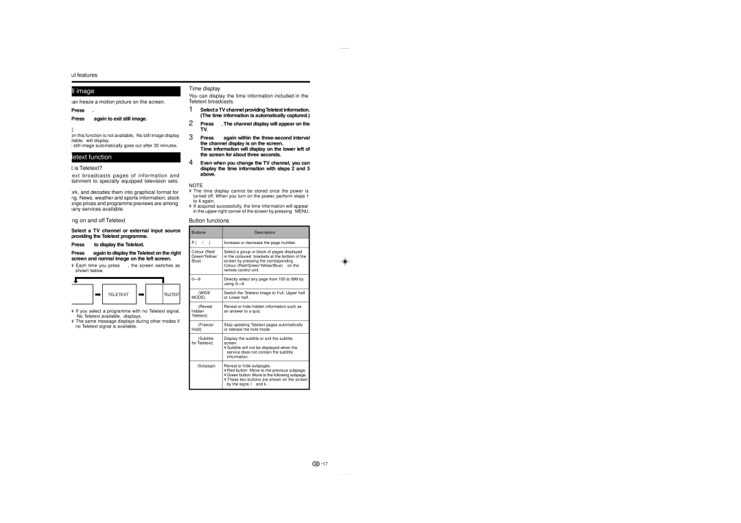 Sharp LC-37P50E, LC-32P50E, LC-26P50E operation manual Still image, Teletext function 