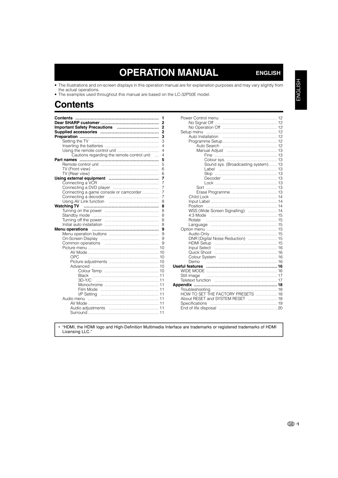 Sharp LC-32P50E, LC-37P50E, LC-26P50E operation manual Contents 