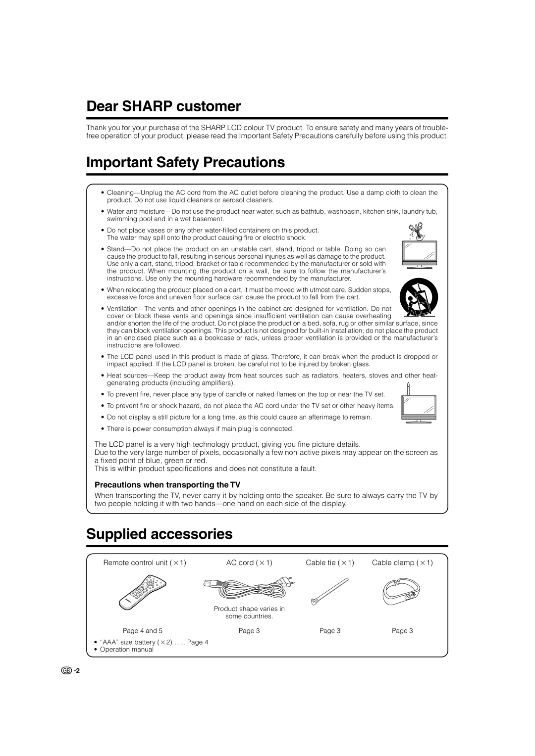 Sharp LC-37P50E, LC-32P50E, LC-26P50E Dear Sharp customer, Important Safety Precautions, Supplied accessories 