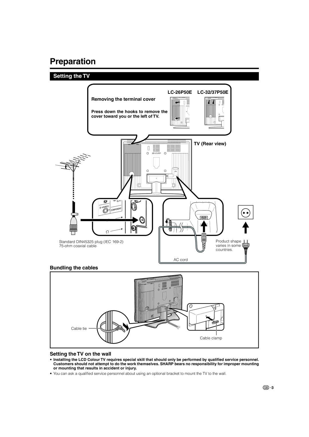 Sharp LC-26P50E, LC-32P50E, LC-37P50E operation manual Preparation, Bundling the cables, Setting the TV on the wall 