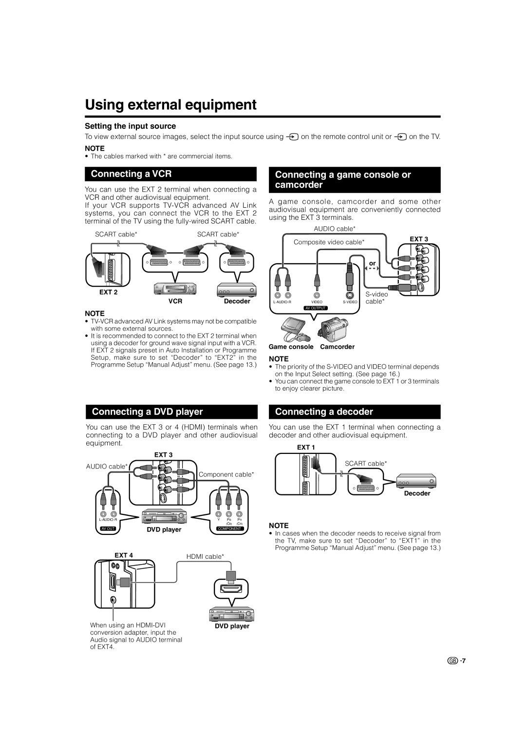 Sharp LC-32P50E Using external equipment, Connecting a VCR, Connecting a game console or camcorder, Connecting a decoder 