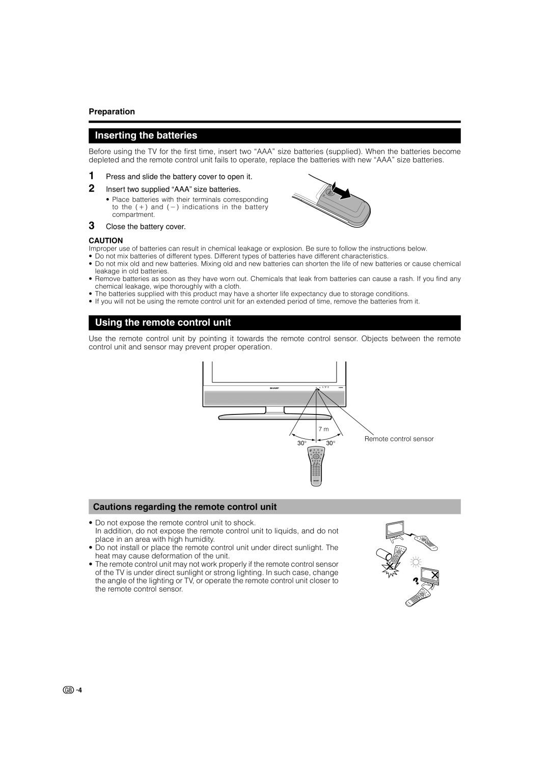 Sharp LC-32P50E Inserting the batteries, Using the remote control unit, Cautions regarding the remote control unit 