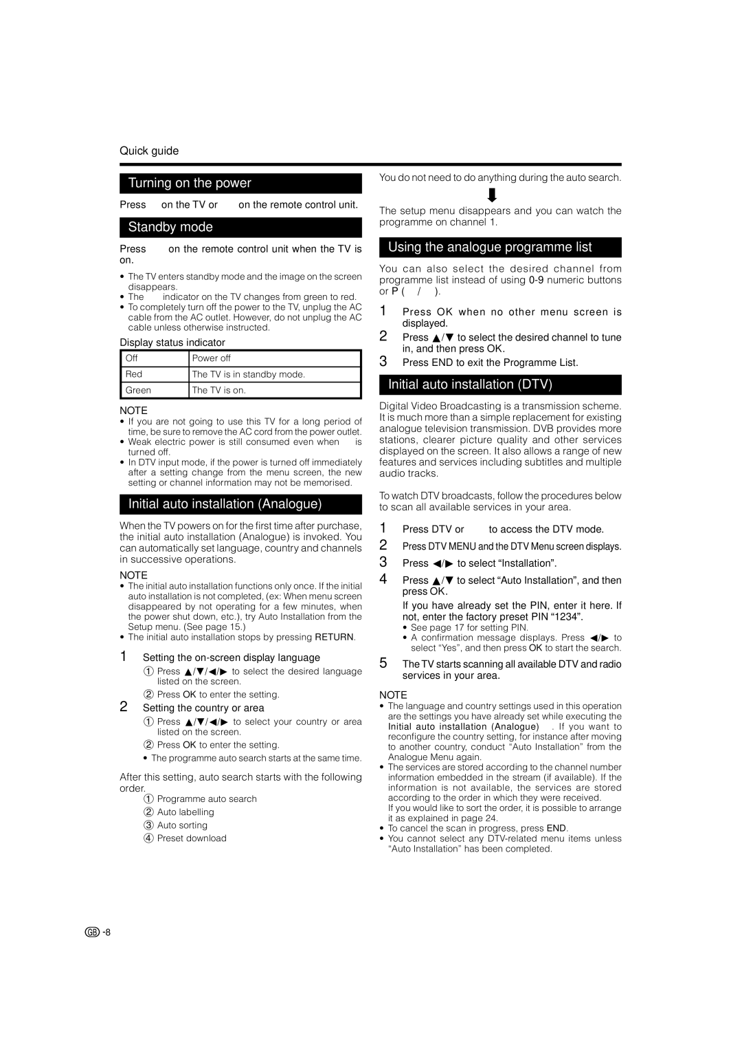 Sharp LC-37P70E Turning on the power, Standby mode, Initial auto installation Analogue, Using the analogue programme list 